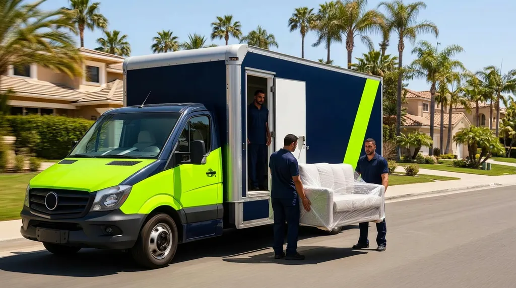 Diamond Hands Moving crew carefully delivering a wrapped sofa to a San Diego home